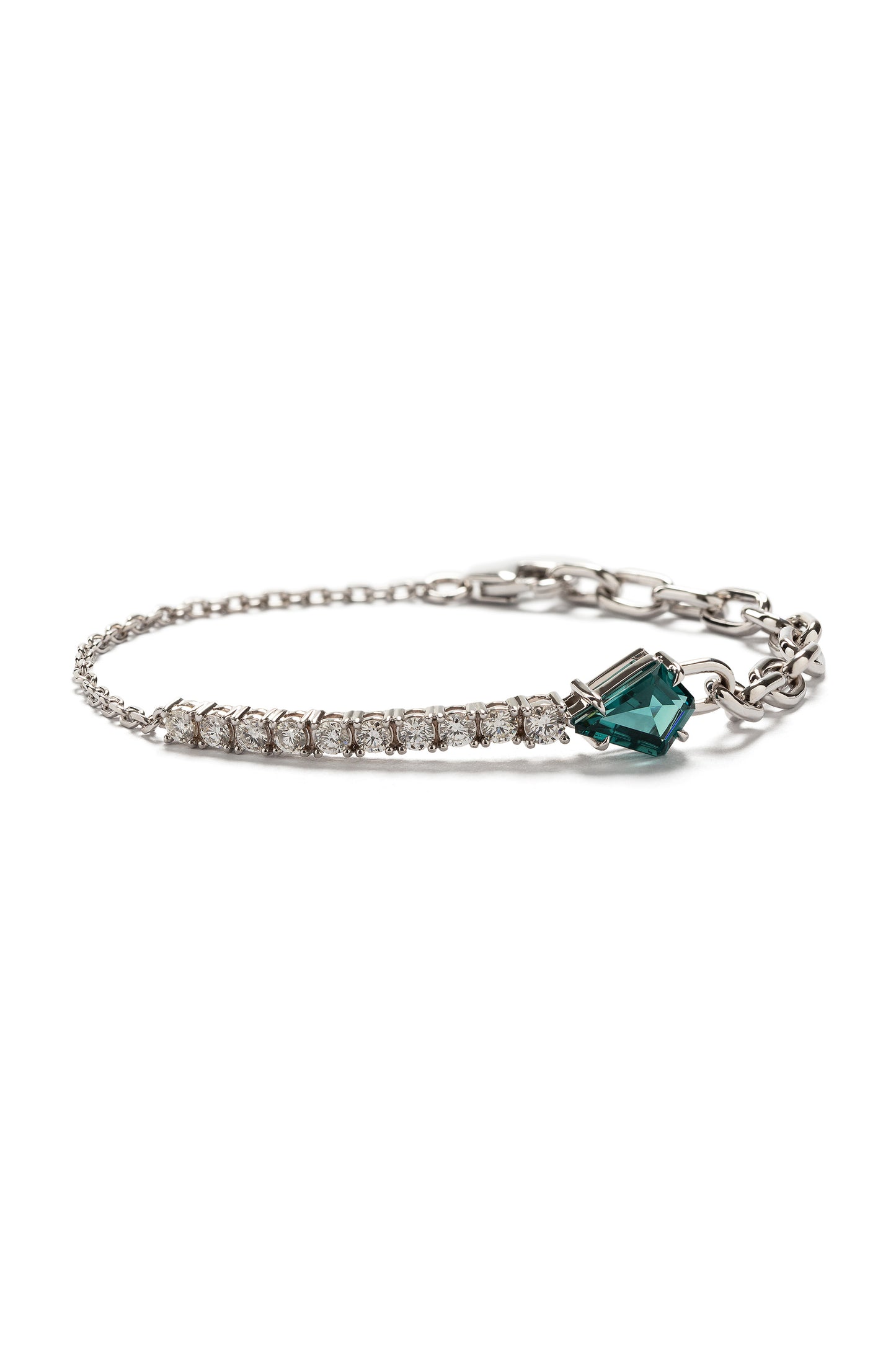Pulseira River Chain de Turmalina Indicolita com diamantes brancos em ouro 18k branco