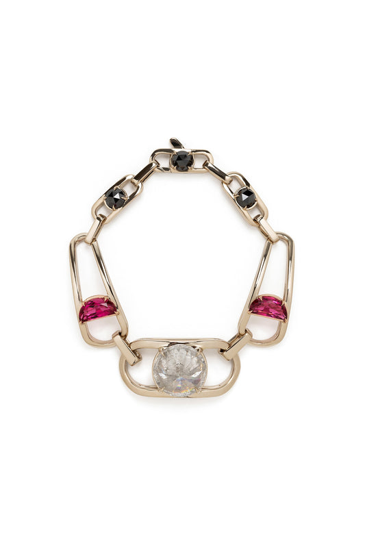 Pulseira River Chain de diamante ice com rubelitas e diamantes negros em ouro 18k branco e rosé