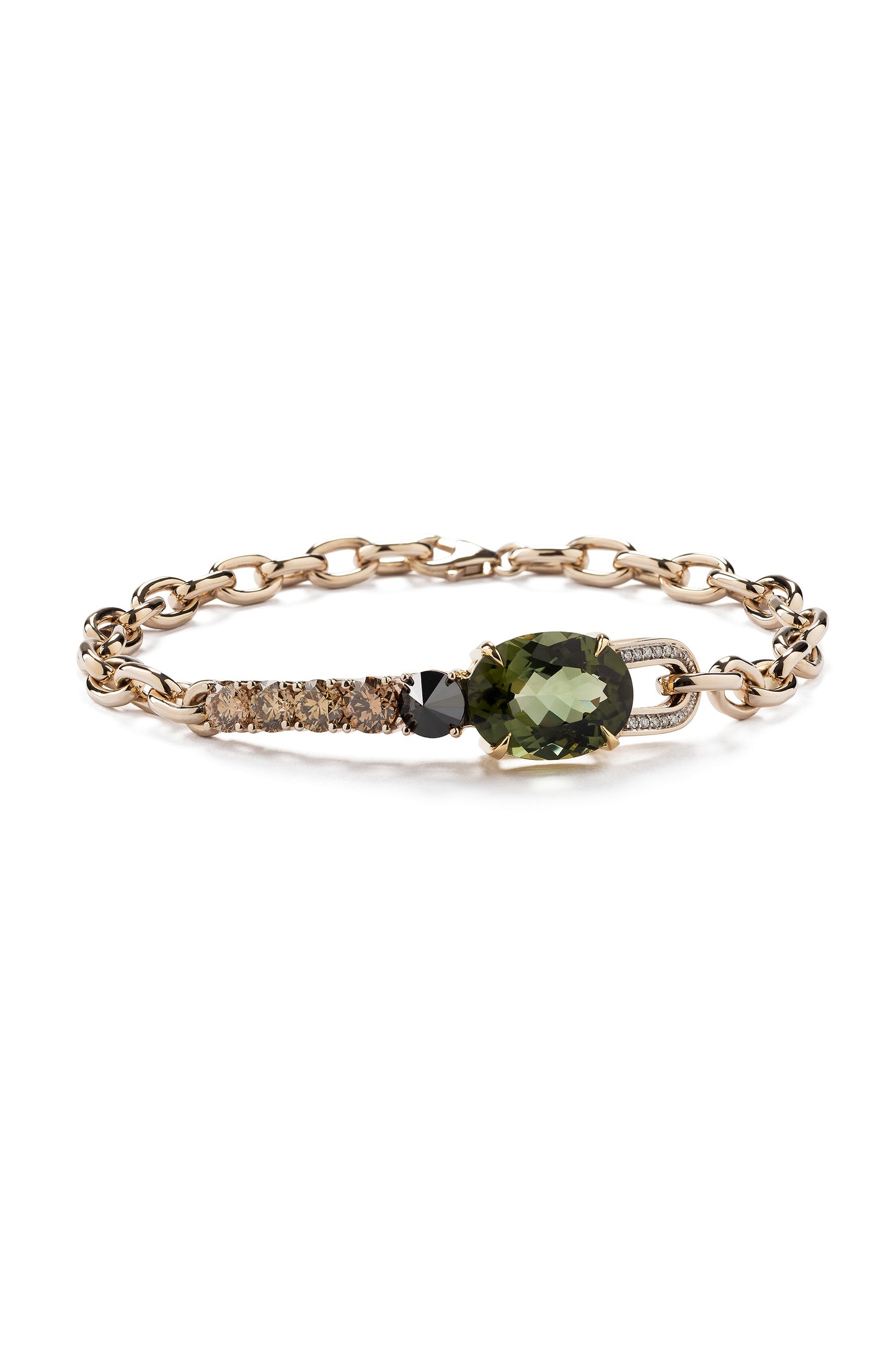 Pulseira ARA X MR DEAN de Turmalina verde com diamante negro invertido, diamantes brown e diamantes em ouro 18k branco.