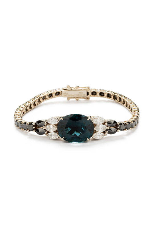 Pulseira de turmalina indicolita com diamantes brancos e negros em ouro 18k branco