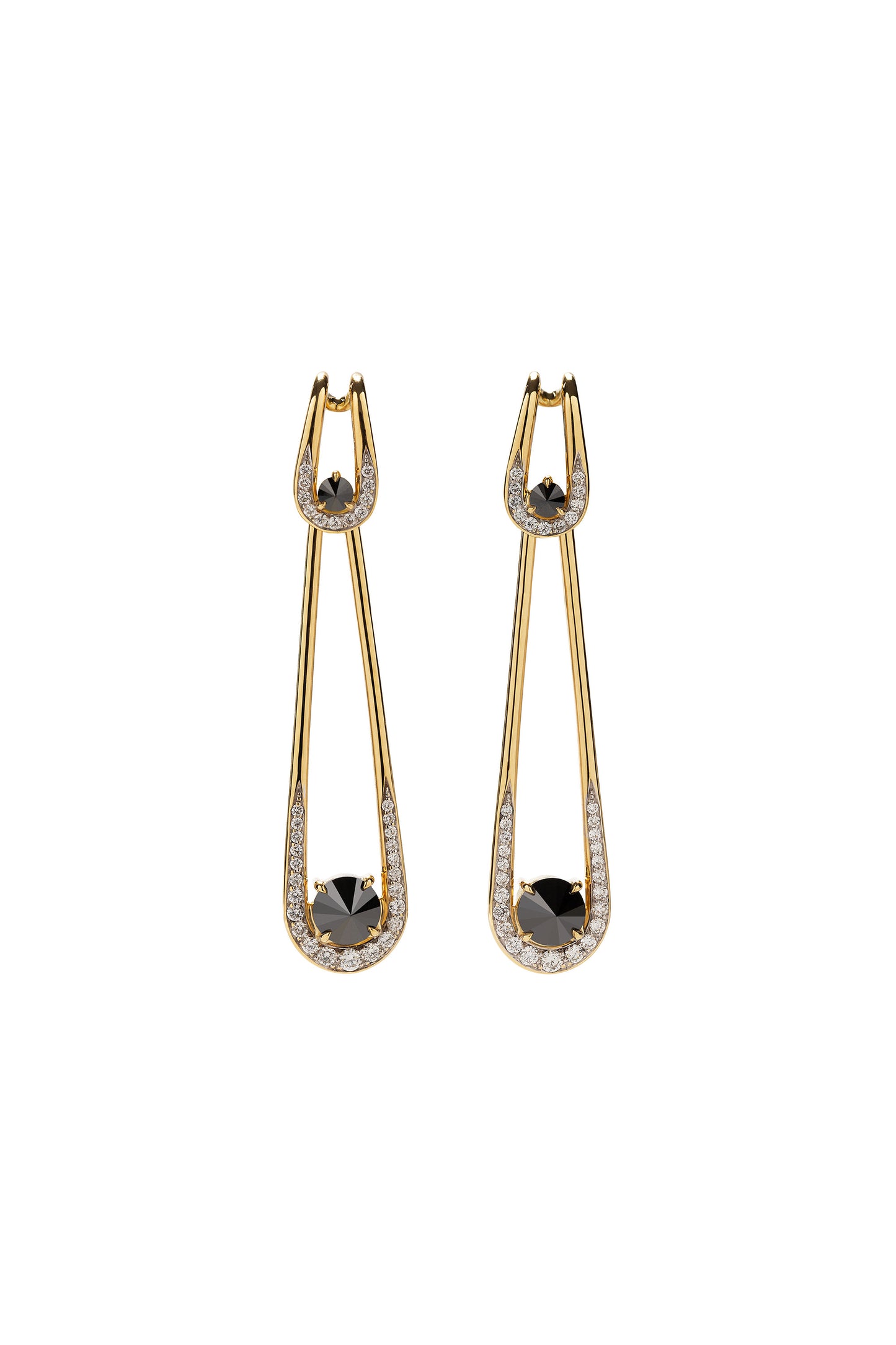 Brincos Biela de diamantes negrosinvertidos com diamantes brancos em ouro 18k amarelo.