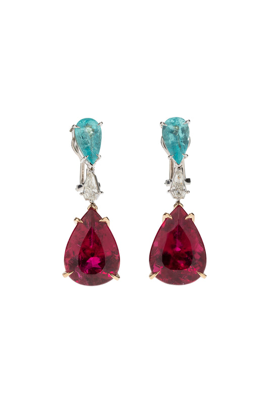Brincos de rubelitas e turmalinas Paraíba com diamantes brancos em ouro 18k branco e rosé