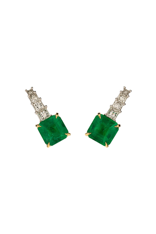 Brincos de esmeraldas com diamantes brancos em ouro 18k branco e amarelo