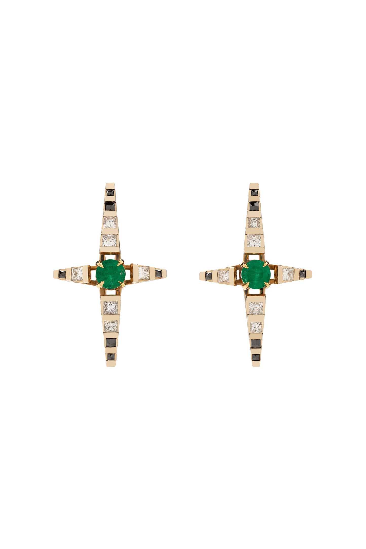 Brincos Pulsar de esmeraldas com diamantes brancos e negros em ouro 18k branco e amarelo