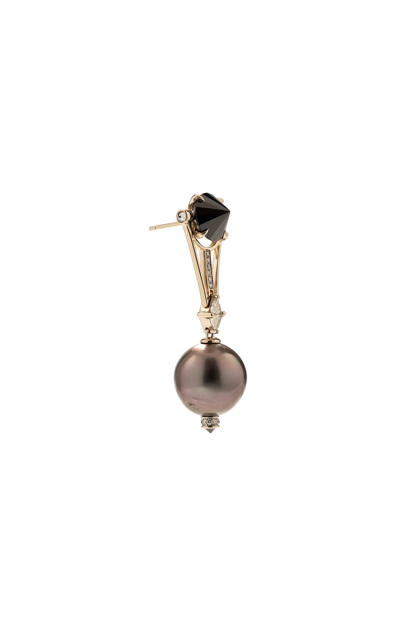 Brincos de pérolas negras com diamantes negros invertidos e diamantes brancos em ouro 18k branco