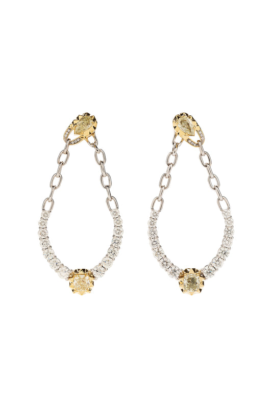 Brincos River Chain de diamantes yellow com diamantes brancos em ouro 18k branco e amarelo