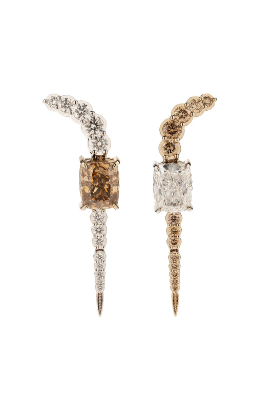 Brincos de diamantes brown e diamantes em ouro 18k branco.
