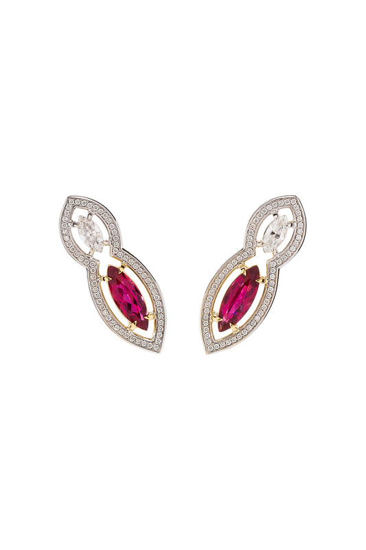 Brincos Waves de Rubelitas com diamantes em ouro 18k branco.
