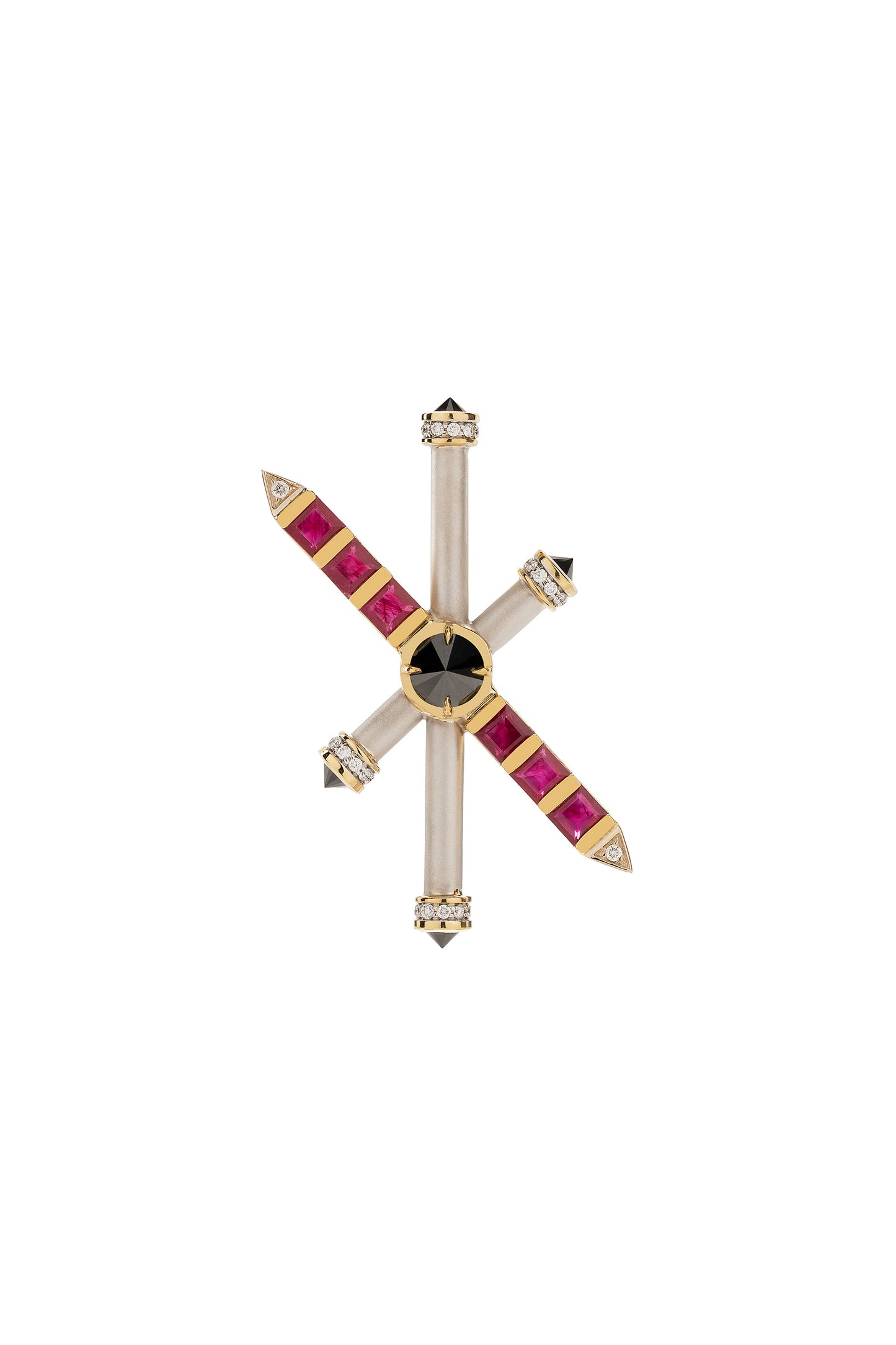 Broche ARA X MR DEAN de Rubi com diamantes negros invertidos e diamantes em ouro 18k amarelo e rose.