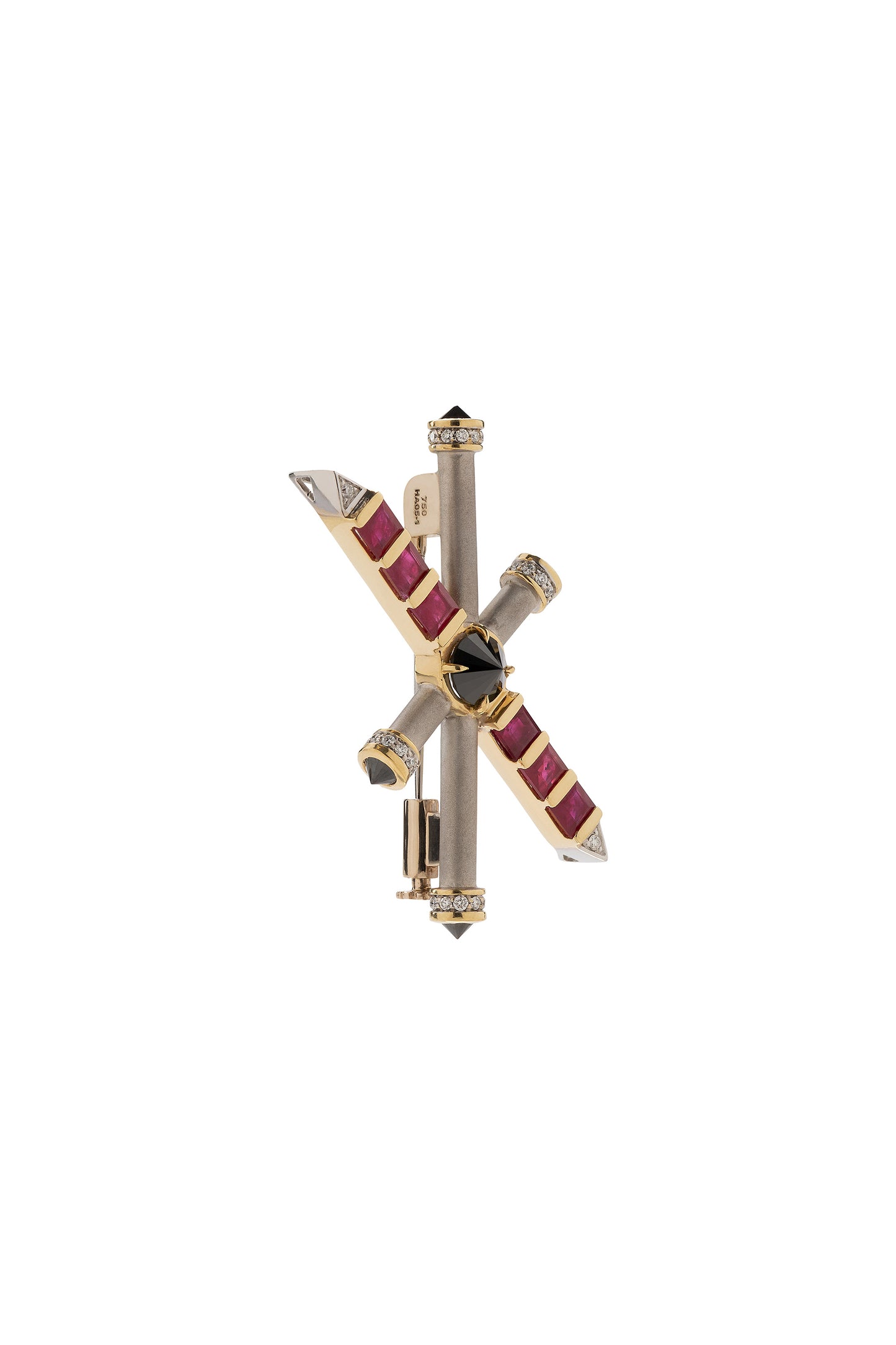 Broche ARA X MR DEAN de Rubi com diamantes negros invertidos e diamantes em ouro 18k amarelo e rose.