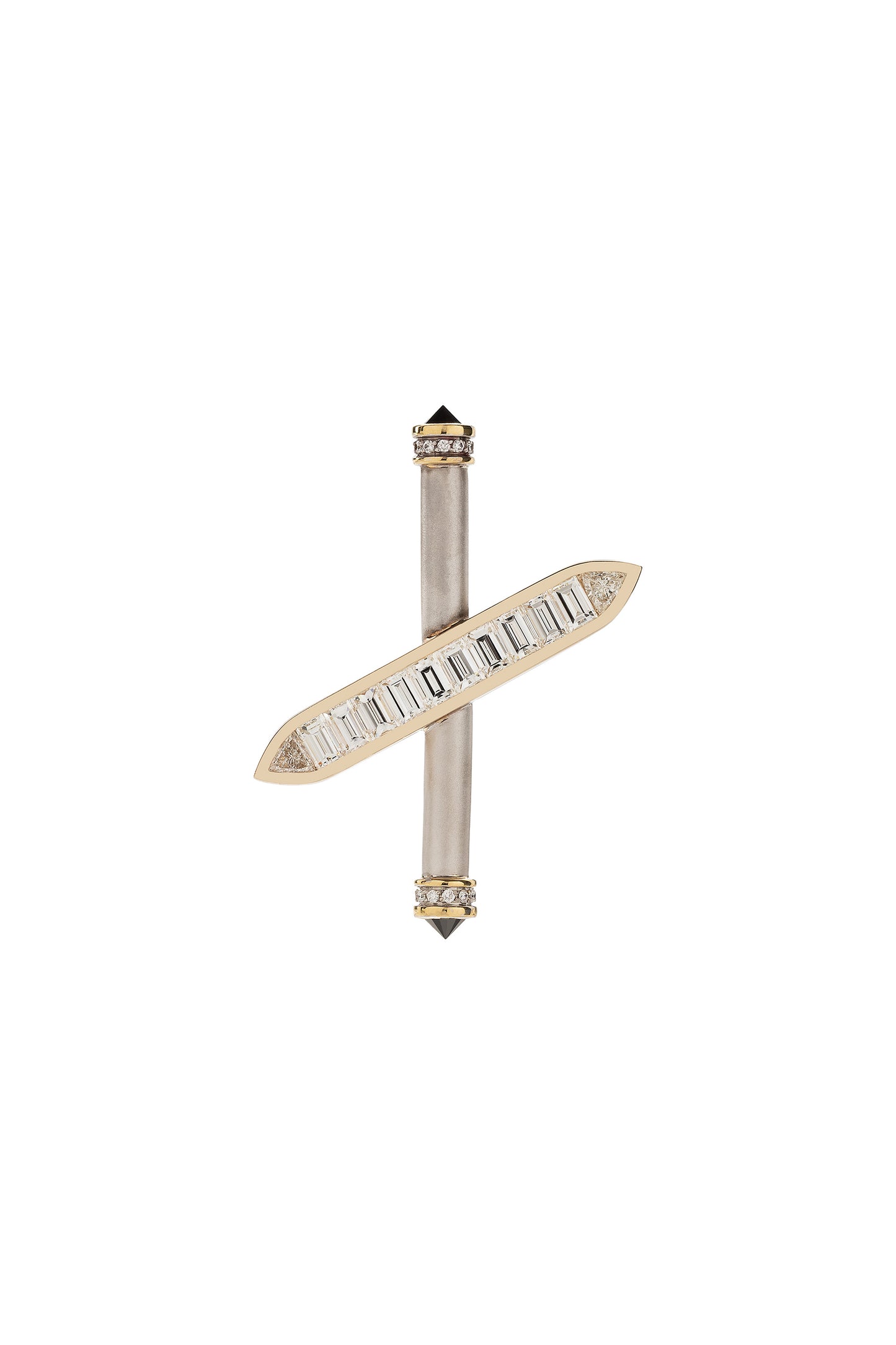 Broche ARA X MR DEAN de diamantes com diamantes negros invertidos em ouro 18k branco e amarelo.
