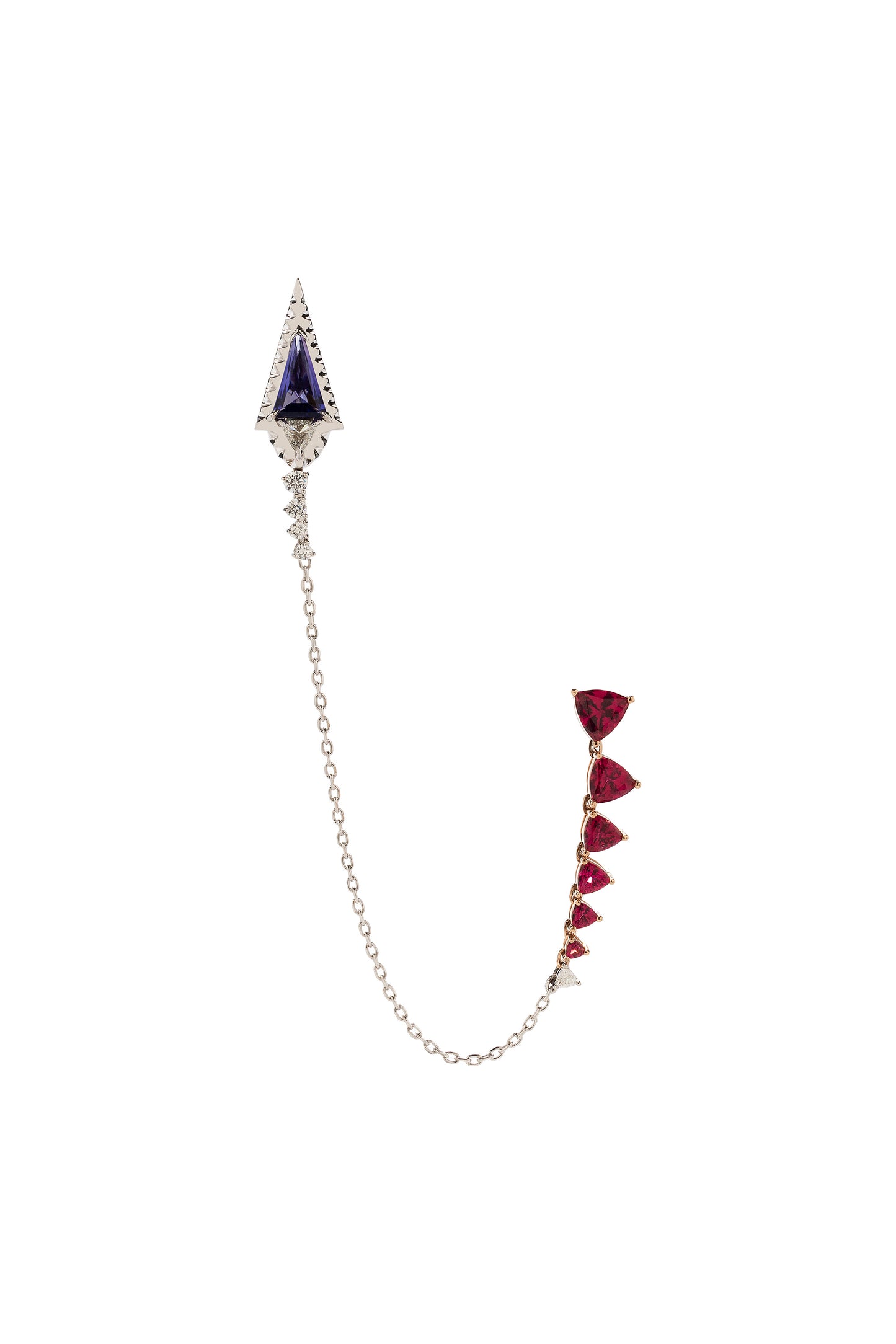 Broche ARA X MR DEAN de Tanzanita com Rubelitas e diamantes em ouro 18k branco e rose.