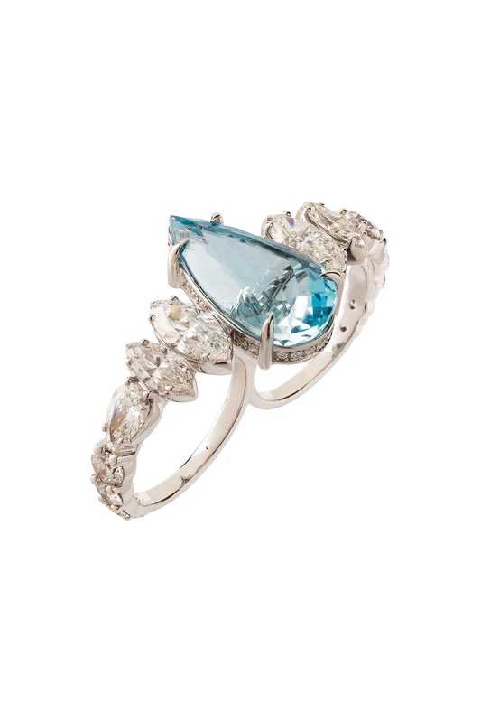 Anel de dois dedos de água marinha com diamantes brancos em ouro 18k branco