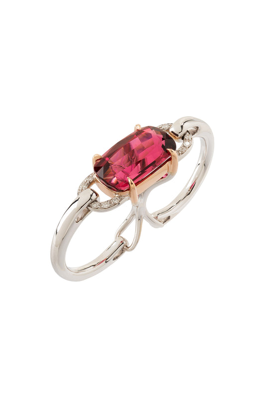 Anel ARA X MR DEAN de dois dedos articulado de rubelita com diamantes brancos em ouro 18k branco e rosa.