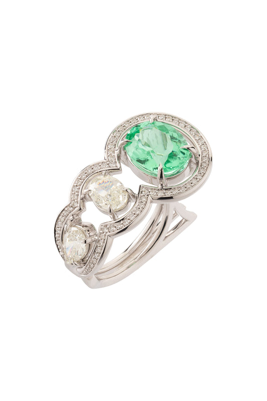 Anel Waves de Turmalina Paraiba com diamantes em ouro 18k branco.