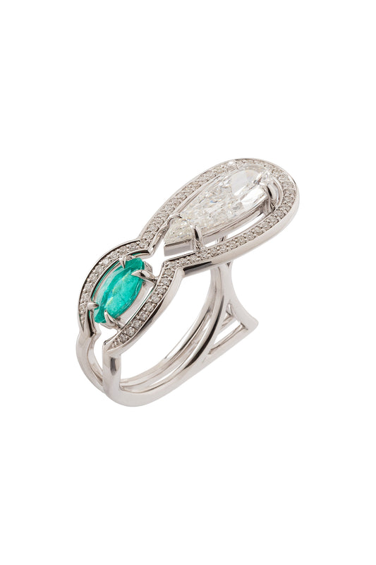 Anel Waves de diamantes brancos com turmalina Paraíba em ouro 18k branco