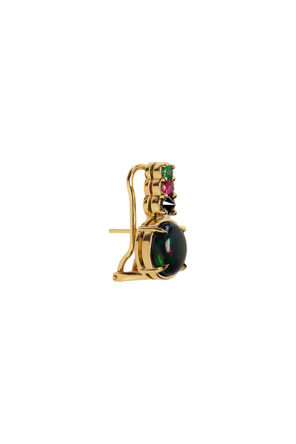 Brincos de opalas com diamantes negros invertidos, rubis e esmeraldas