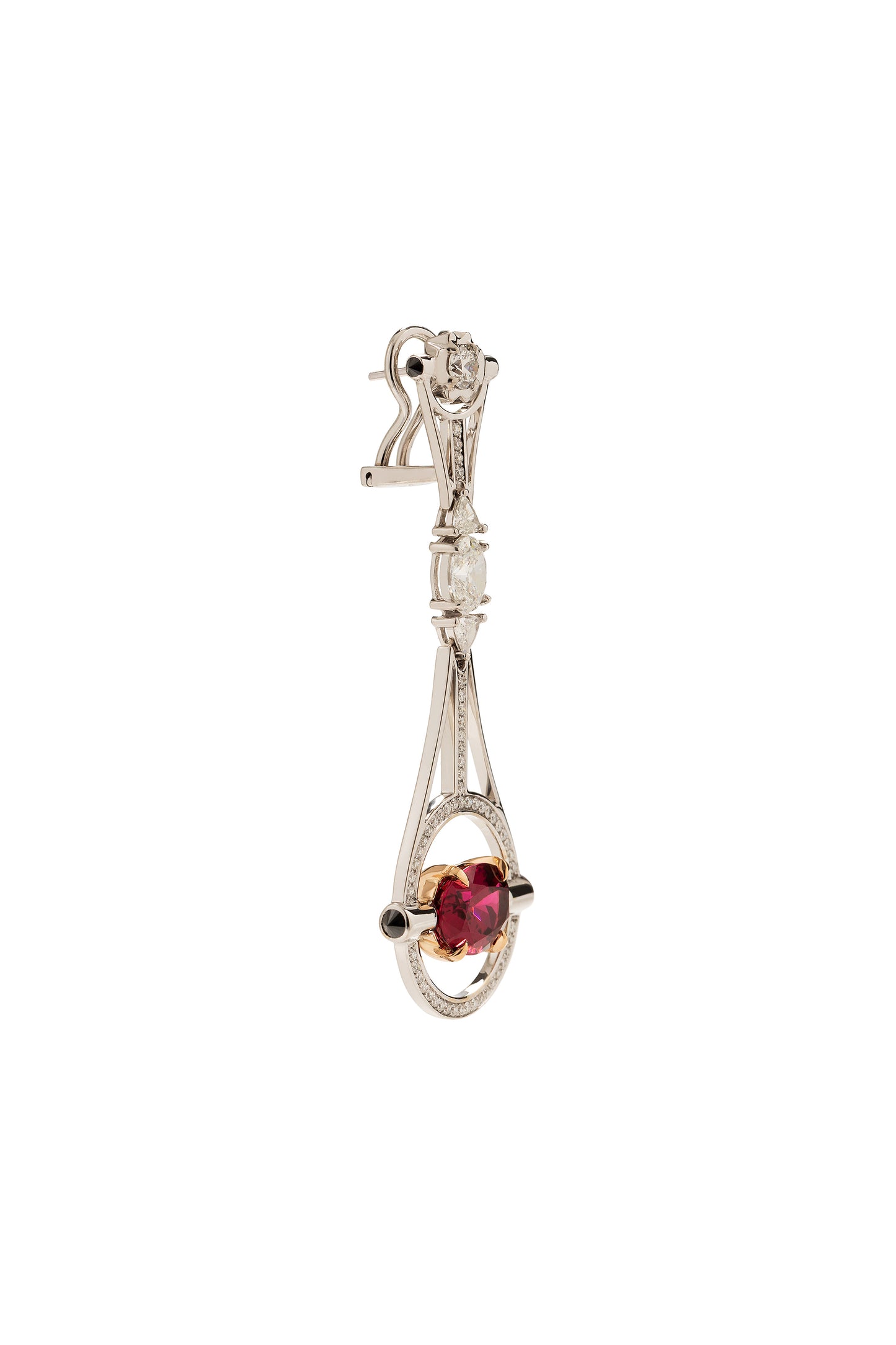 Brincos de rubelitas com diamantes brancos e diamantes negros invertidos em ouro 18k branco e rosé