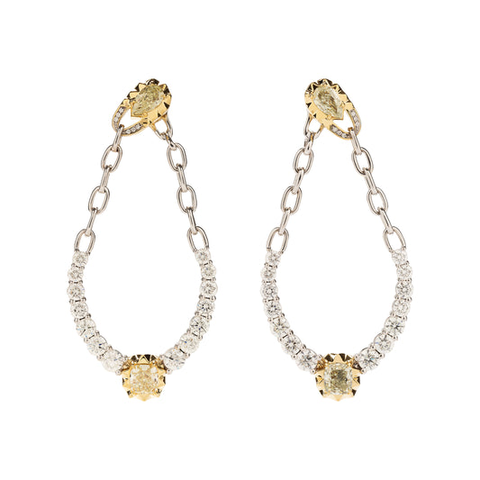 Brincos River Chain de diamantes yellow com diamantes brancos em ouro 18k branco e amarelo