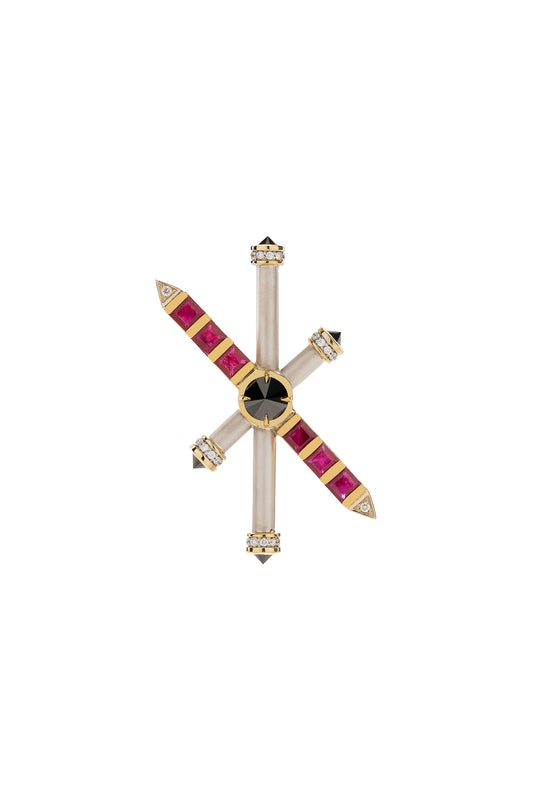 Broche ARA X MR DEAN de Rubi com diamantes negros invertidos e diamantes em ouro 18k amarelo e rose.