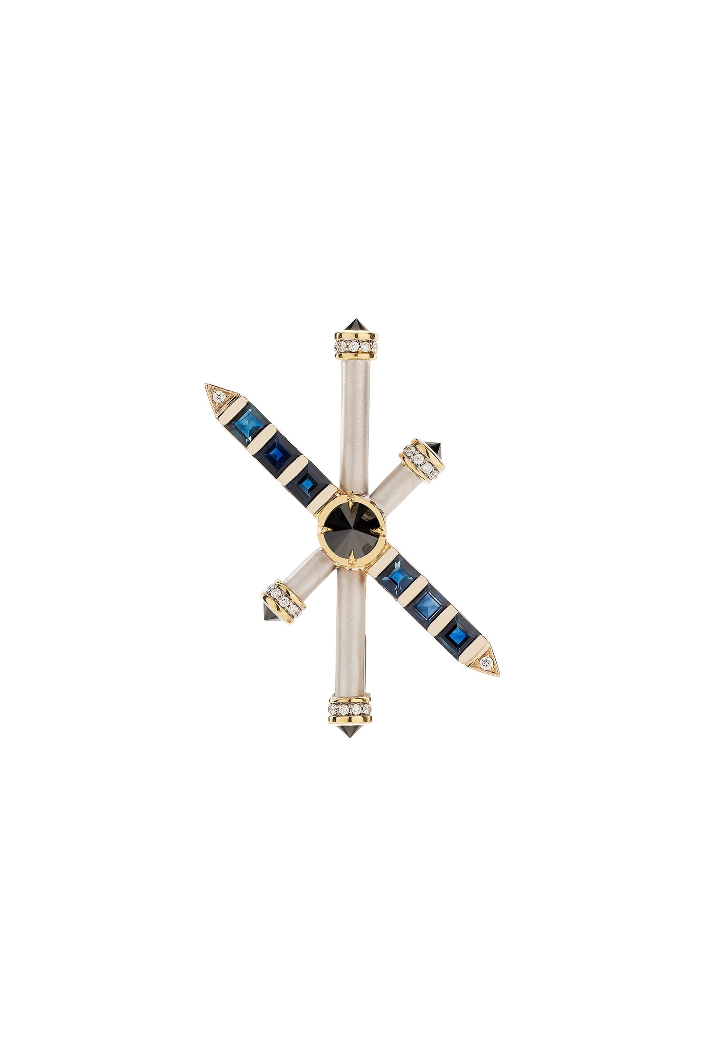 Broche ARA X MR DEAN de Safiras azuis com diamantes negros invertidos e diamantes em ouro 18k branco e amarelo.