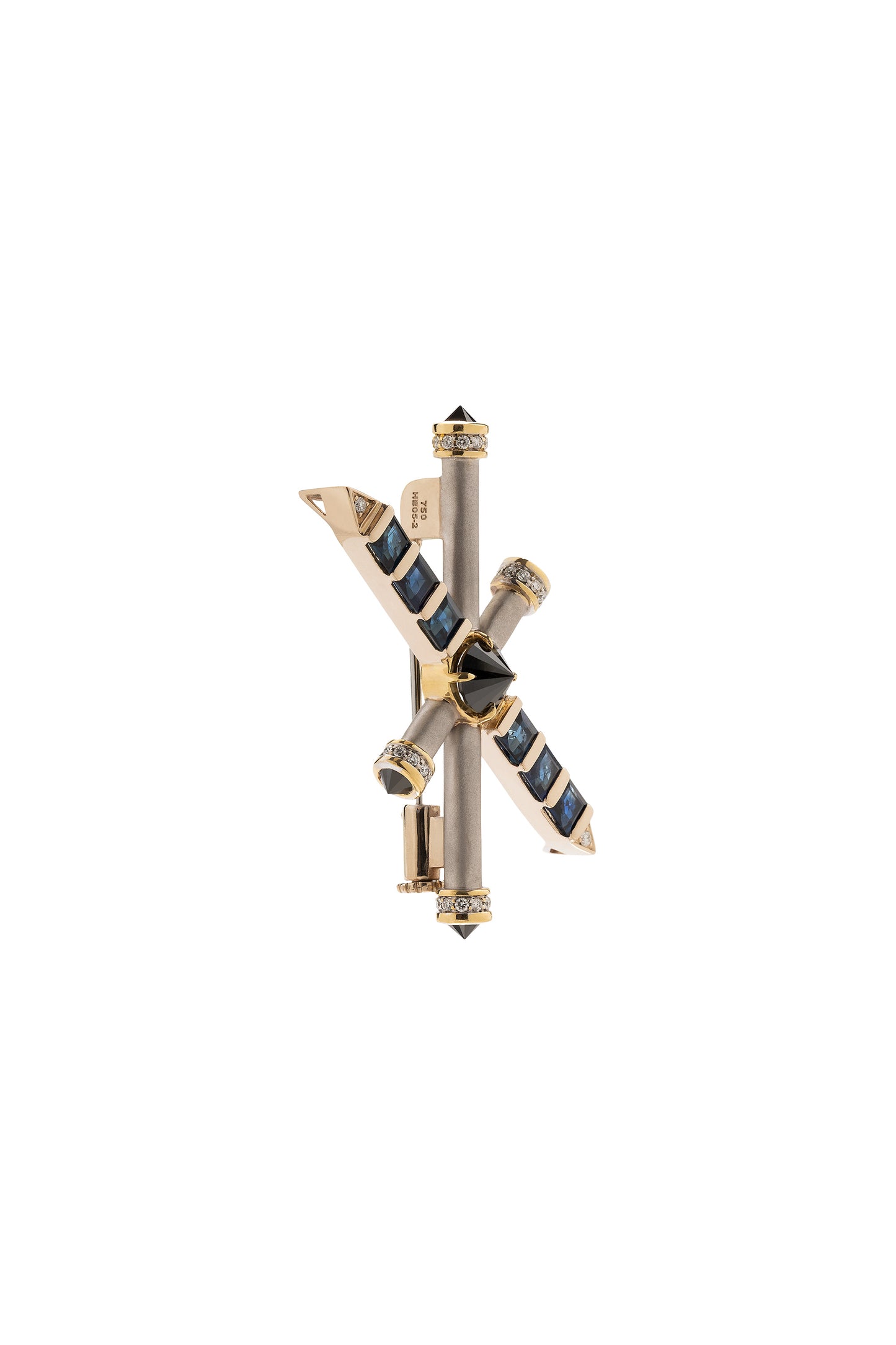 Broche ARA X MR DEAN de Safiras azuis com diamantes negros invertidos e diamantes em ouro 18k branco e amarelo.