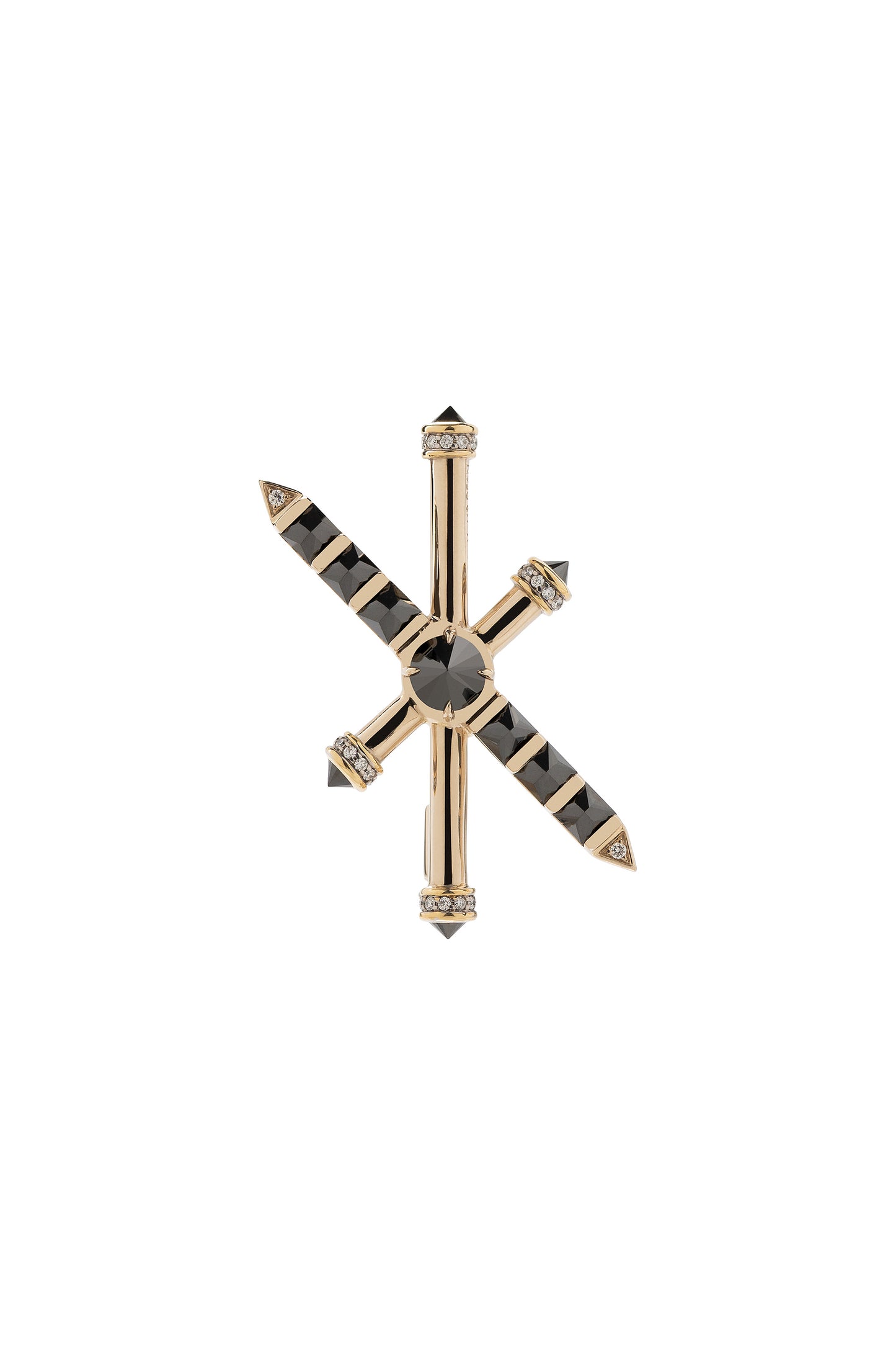 Broche ARA X MR DEAN de diamantes negros invertidos com diamantes em ouro 18k branco e amarelo.
