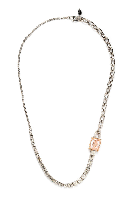 Colar River Chain de diamante fancy orangy pink com diamantes brancos e diamante negro em ouro 18k branco e rosé