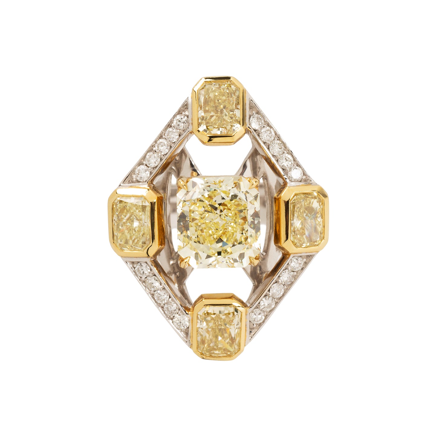 Anel de diamante fancy light yellow com diamantes amarelos e brancos em ouro 18k branco e amarelo