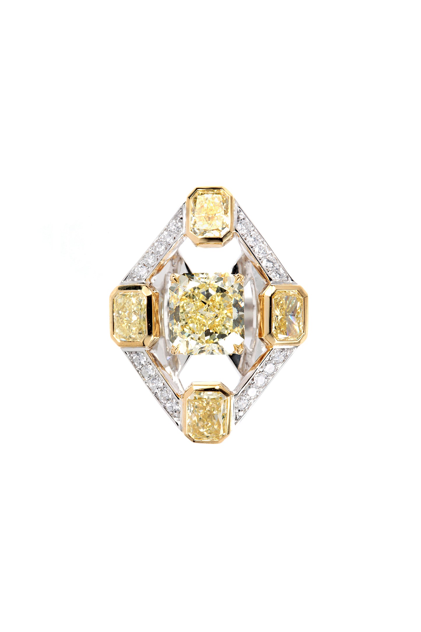 Anel de diamante fancy light yellow com diamantes amarelos e brancos em ouro 18k branco e amarelo