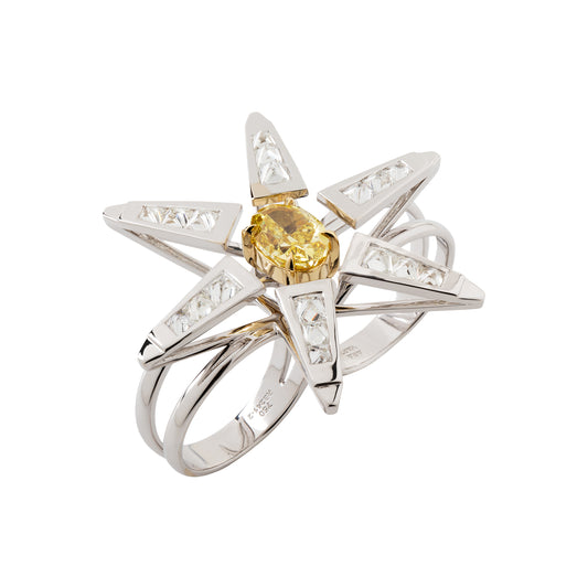 Anel Pulsar de dois dedos de diamante yellow com diamantes brancos em ouro 18k branco e amarelo