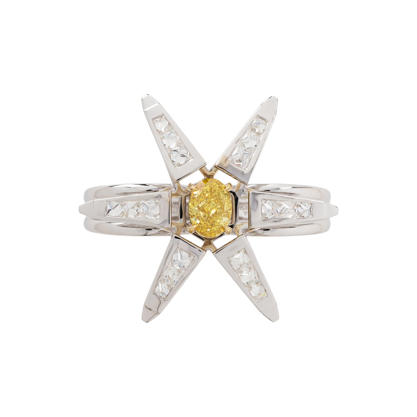 Anel Pulsar de dois dedos de diamante yellow com diamantes brancos em ouro 18k branco e amarelo