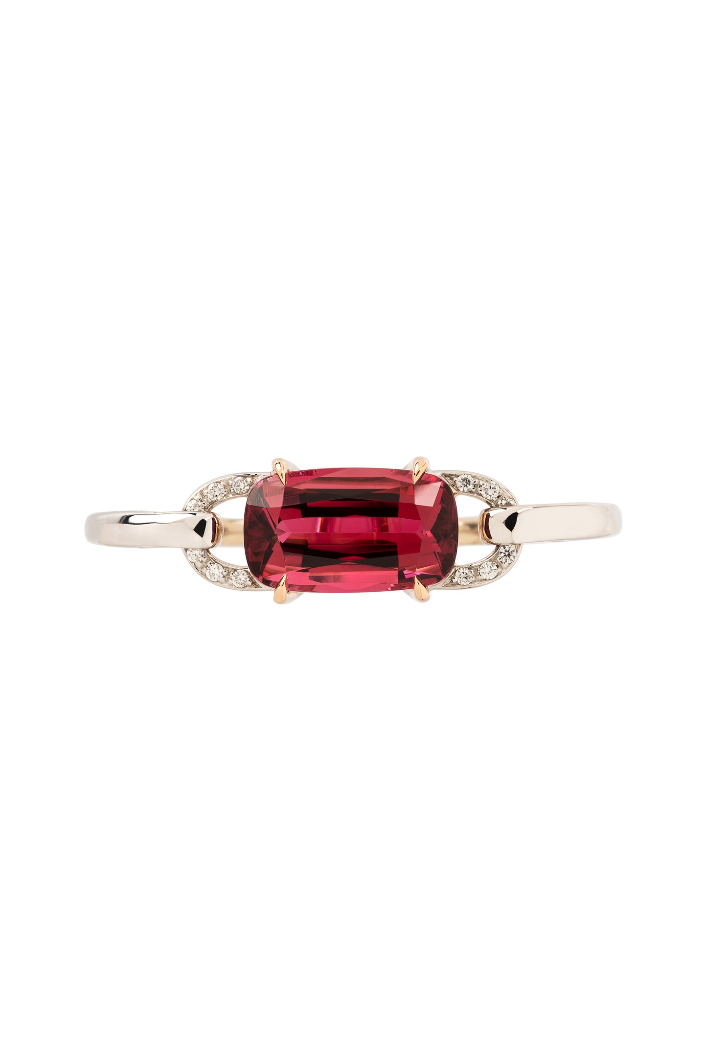 Anel ARA X MR DEAN de dois dedos articulado de rubelita com diamantes brancos em ouro 18k branco e rosa.