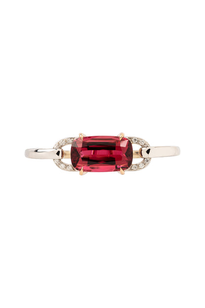 Anel ARA X MR DEAN de dois dedos articulado de rubelita com diamantes brancos em ouro 18k branco e rosa.