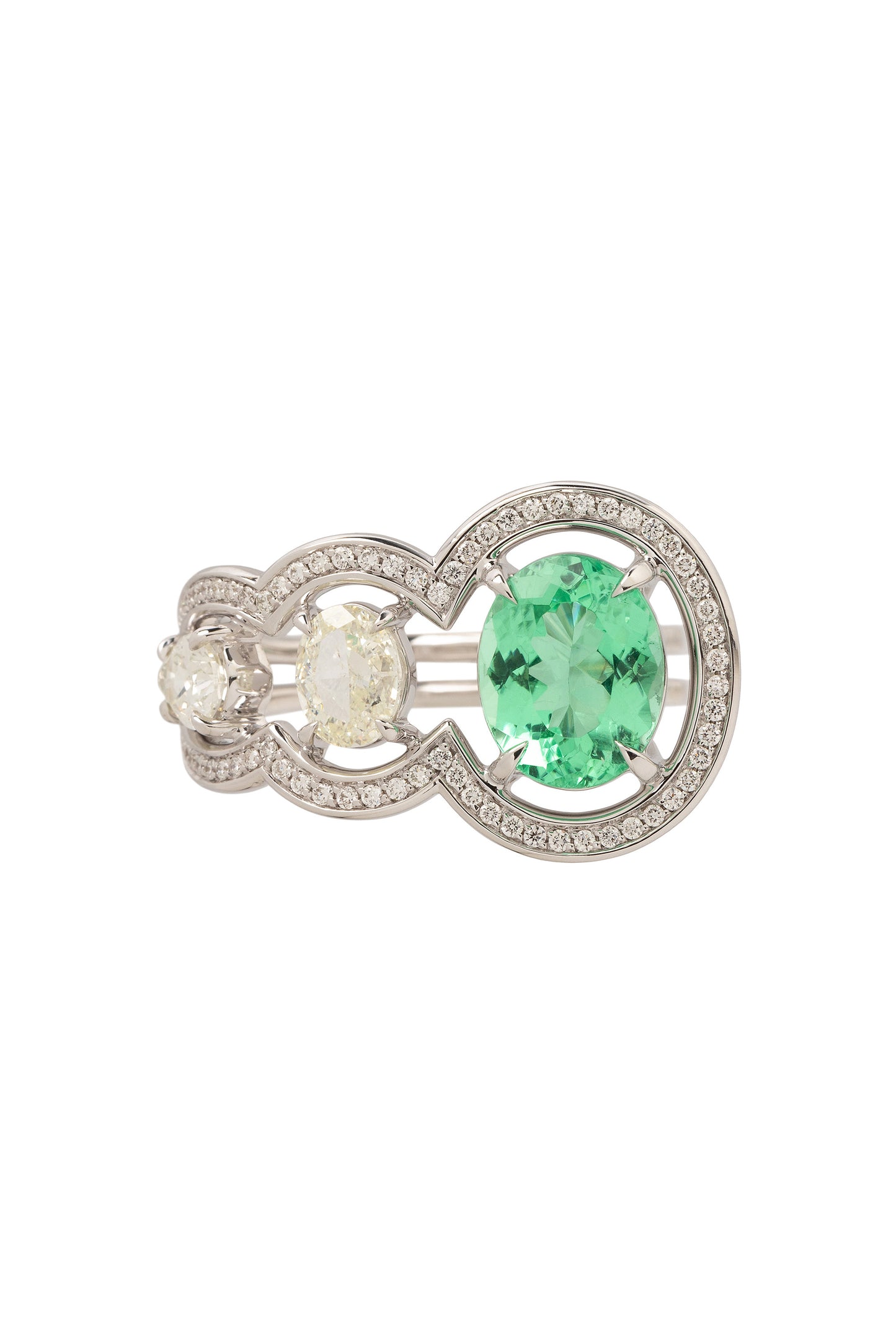 Anel Waves de Turmalina Paraiba com diamantes em ouro 18k branco.