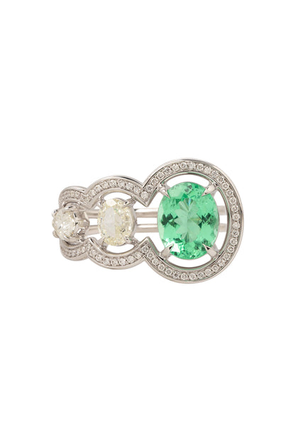 Anel Waves de Turmalina Paraiba com diamantes em ouro 18k branco.
