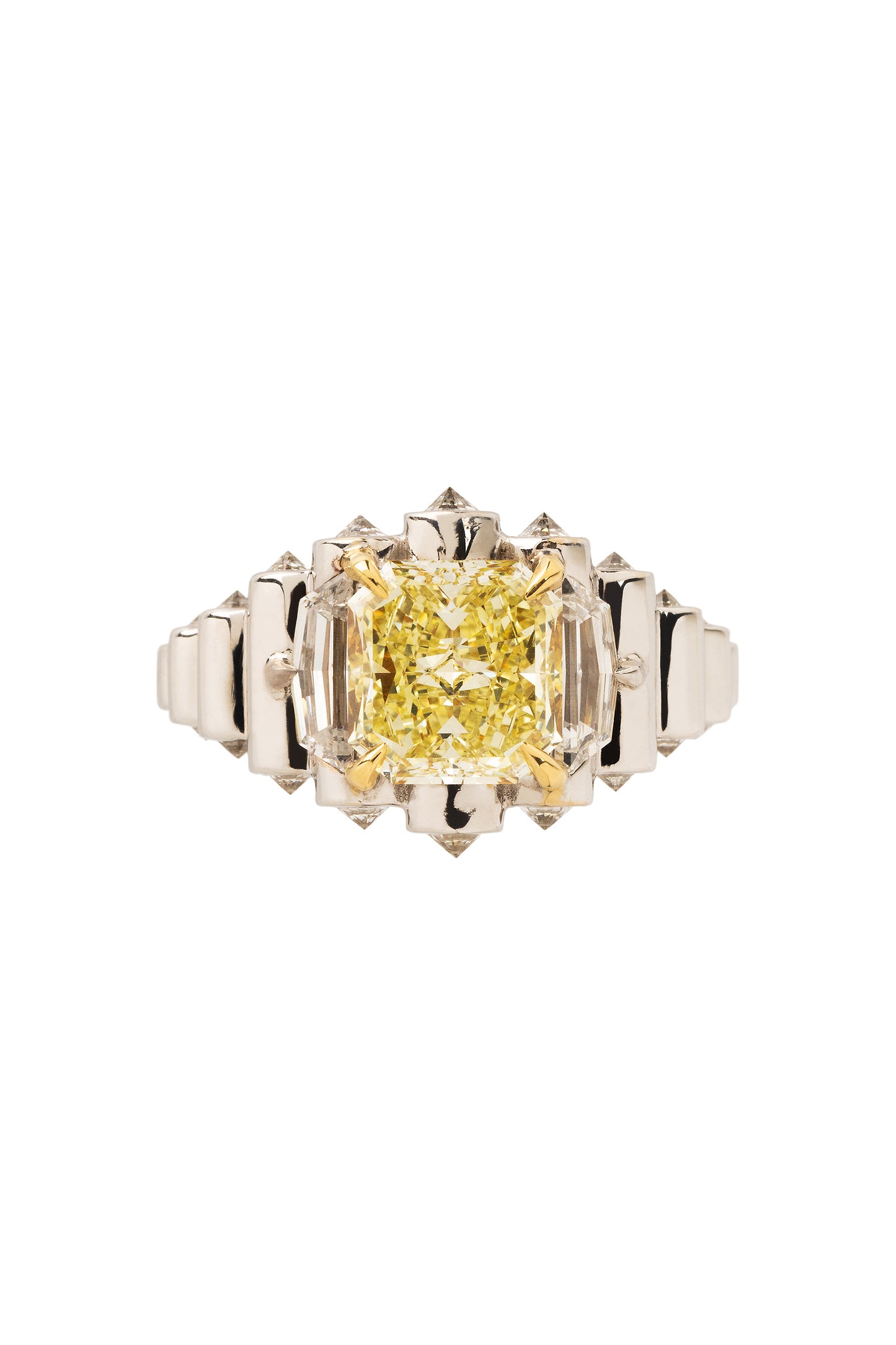 Anel Flare de diamante fancy yellow com diamantes brancos em ouro 18k branco e amarelo